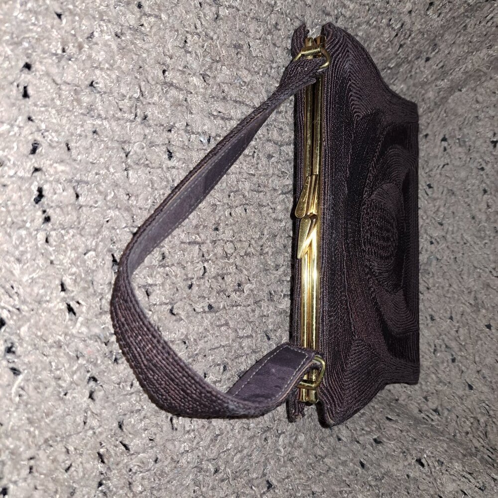 GOLD SEAL-Vintage 50s Corded Chocolate Brown Bag-Attached Coin Purse-Near Mint - Picture 4 of 11